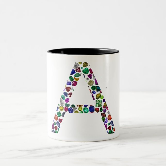 Initial Letter A with Gemstone Floral Monogram Two-Tone Coffee Mug (Center)