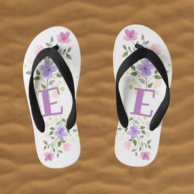 Initial Letter E Plus Floral Design Kid's Thongs (Creator Uploaded)