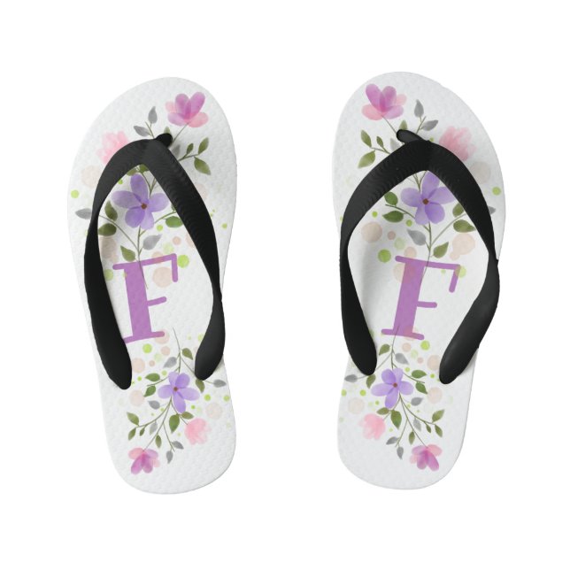 Initial Letter F Plus Floral Design Kid's Thongs (Footbed)