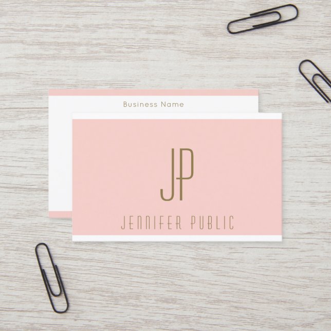 Initial Letter Gold  Blush Pink Modern Monogram Business Card (Front/Back In Situ)