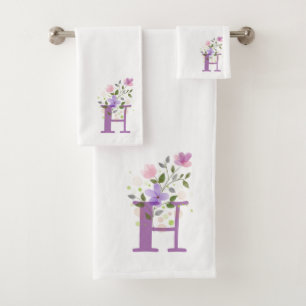 Initial Letter H Plus Floral Design Bath Towel Set