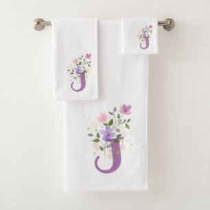 Initial Letter J Plus Floral Design Bath Towel Set