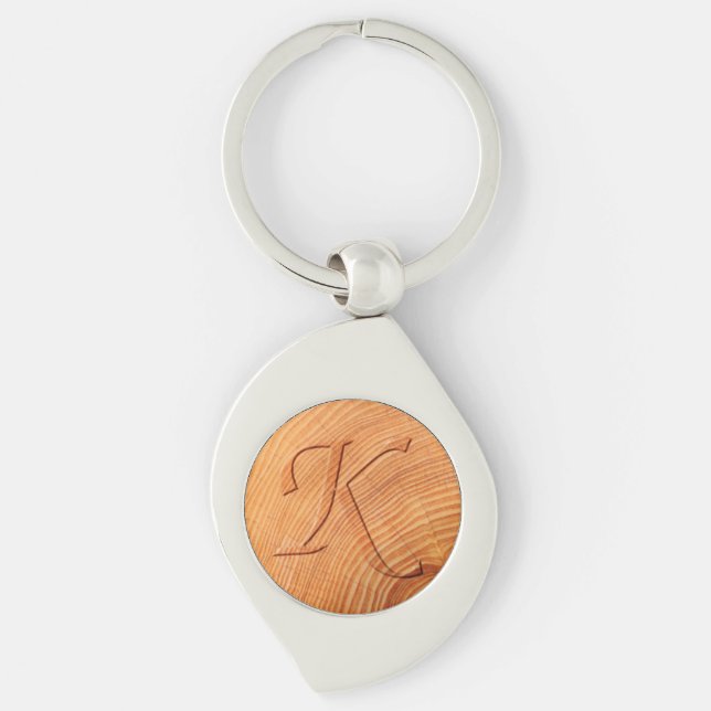 Initial Letter K Faux Distressed Wood Print Key Ring (Front)