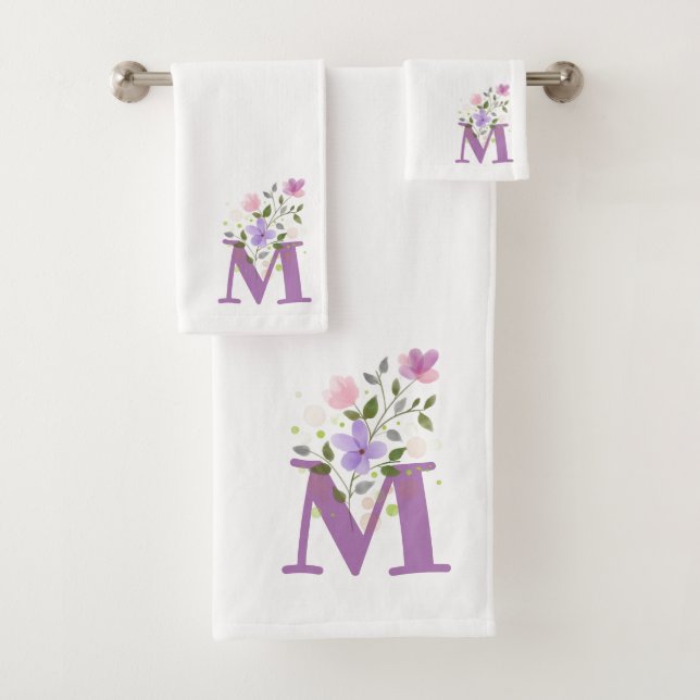 Initial Letter M Plus Floral Design Bath Towel Set (Insitu)