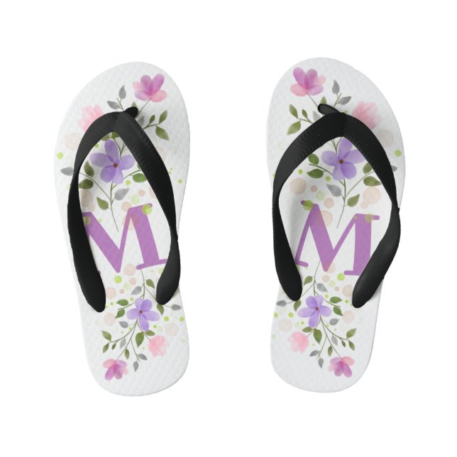 Initial Letter M Plus Floral Design Kid's Thongs (Footbed)