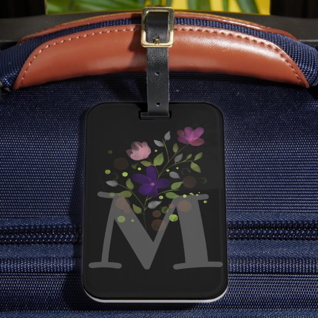 Initial Letter M Plus Floral Design Luggage Tag (Front Insitu 2)