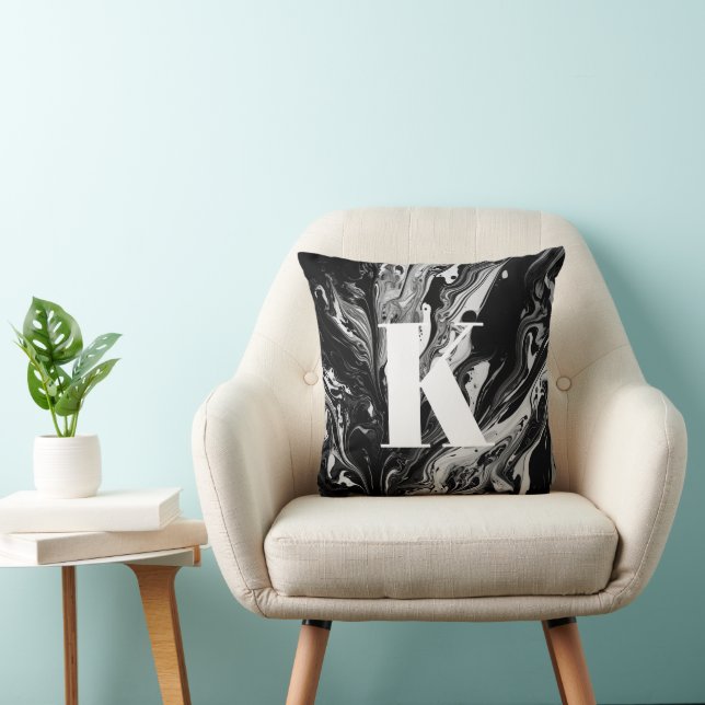 Initial Letter Monogram Black White Ink Marble Cushion (Chair)