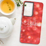 Initial Letter Monogram Coral Faux Glitter Bokeh Samsung Galaxy Case<br><div class="desc">Add some fun to your new phone with this chic phone case design featuring a background of coral glitter bokeh. The centre offers room for a name and initial letter monogram. Personalise the text in the template fields, remove the text or edit using the design tool to select a font...</div>