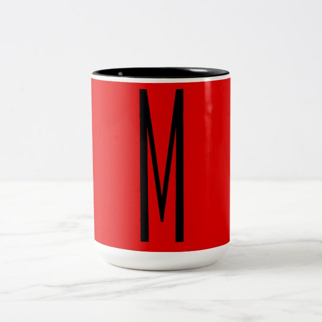 Initial Letter Monogram Modern Style Red Black Two-Tone Coffee Mug (Center)