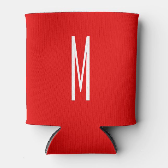 Initial Letter Monogram Modern Style Red White Can Cooler (Front)