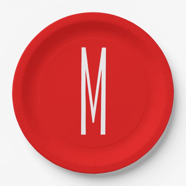 Initial Letter Monogram Modern Style Red White Paper Plate (Front)