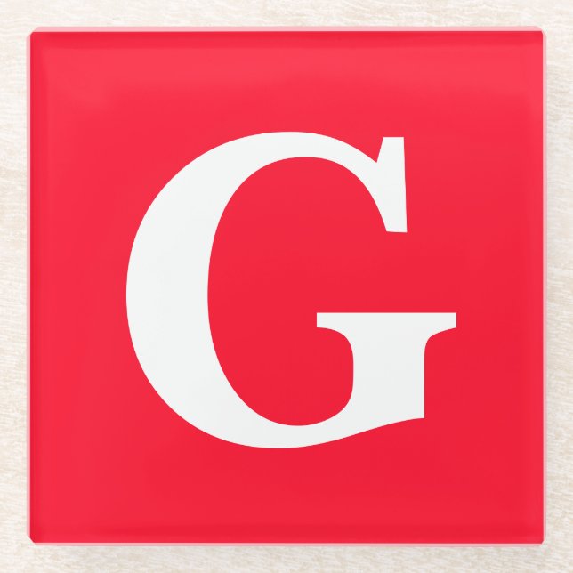 Initial Letter Monogram Red White Plain Simple Glass Coaster (Front)