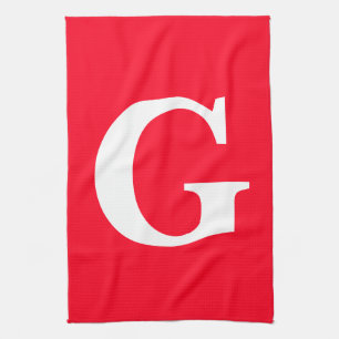 Initial Letter Monogram Red White Plain Simple Tea Towel
