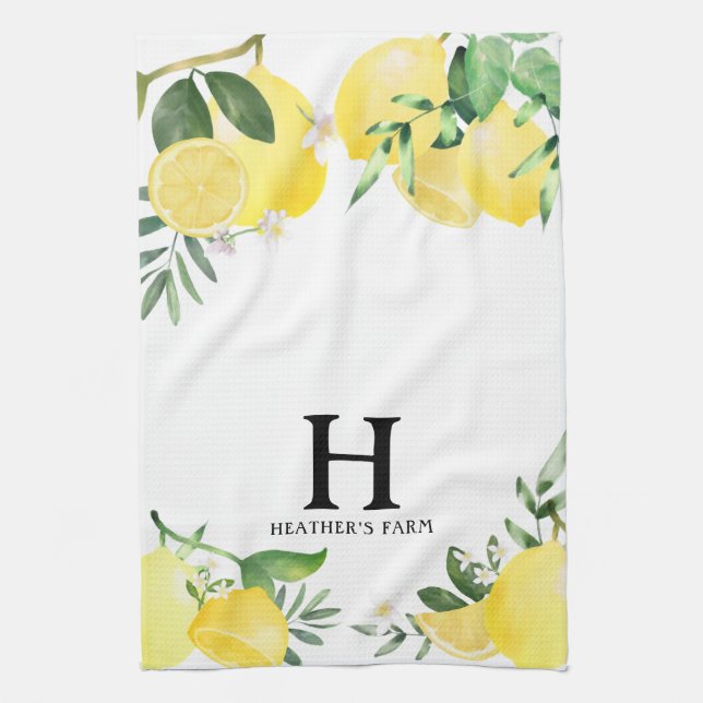 Initial Letter Monogrammed Lemon Garden Tea Towel (Vertical)