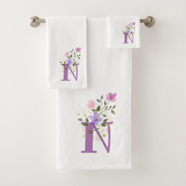 Initial Letter N Plus Floral Design Bath Towel Set (Insitu)