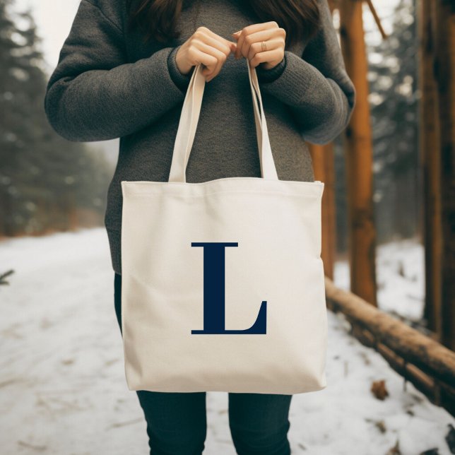 Initial Letter | Navy Monogram Modern Stylish Cool Tote Bag (Creator Uploaded)