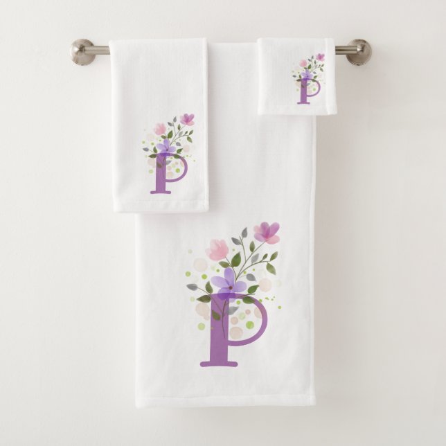 Initial Letter P Plus Floral Design Bath Towel Set (Insitu)