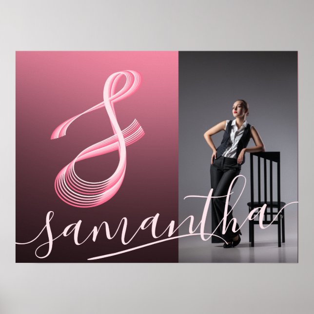 Initial Letter Pink Script Photo Name Monogram Poster (Front)