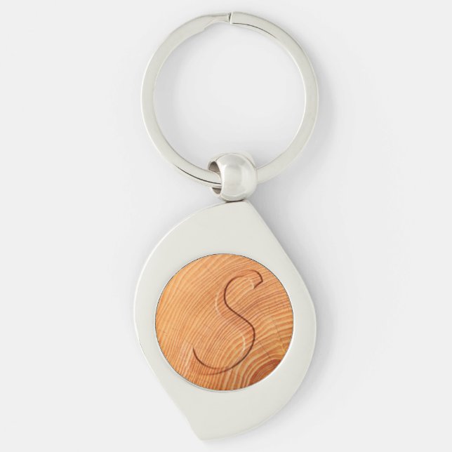 Initial Letter S Faux Distressed Wood Print Key Ring (Front)