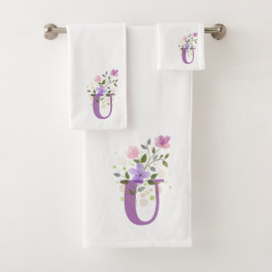 Initial Letter U Plus Floral Design Bath Towel Set