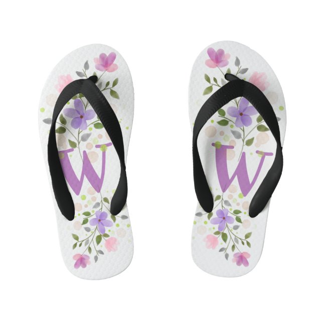 Initial Letter W Plus Floral Design Kid's Thongs (Footbed)