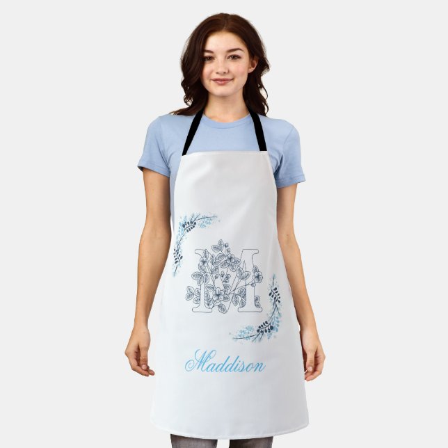 Initial "M" Blue Monogram Calm Floral Apron (Worn)