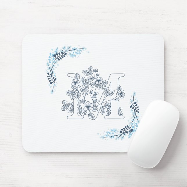 Initial "M" Blue Monogram Calm Floral Mouse Pad (With Mouse)