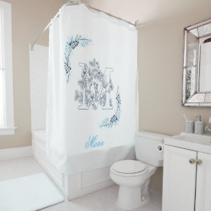 Initial "M" Blue Monogram Calm Floral Shower Curtain