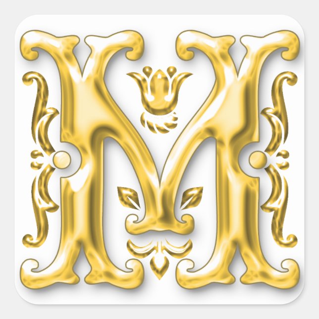 Initial M Capital Letter Monogram Sticker in Gold (Front)