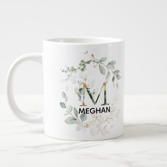 Initial M Monogram Greenery Mug With Name (Left)