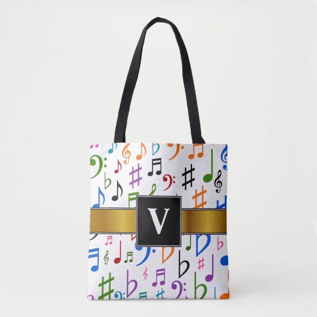 Initial + Many Colourful Music Notes and Symbols Tote Bag (Front)