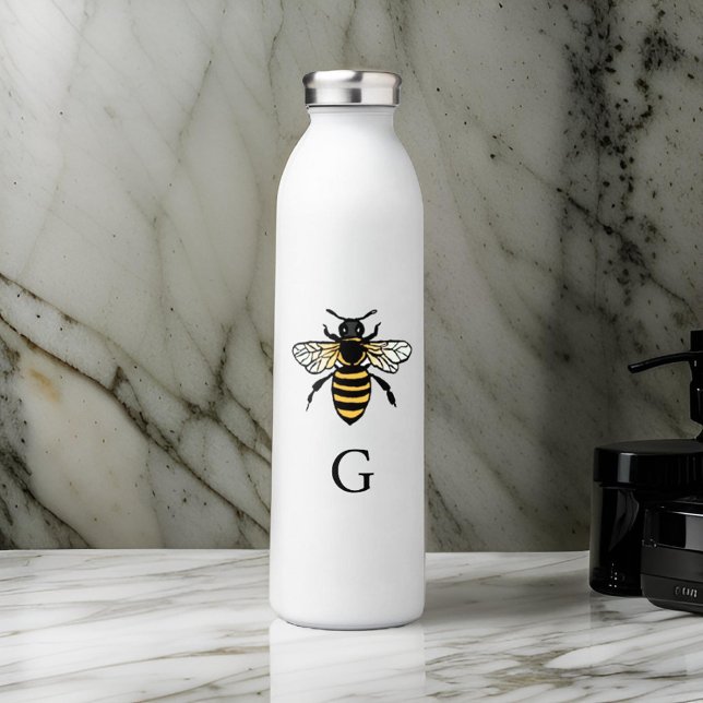 Initial Minimalist Bee Typography Water Bottle (Creator Uploaded)