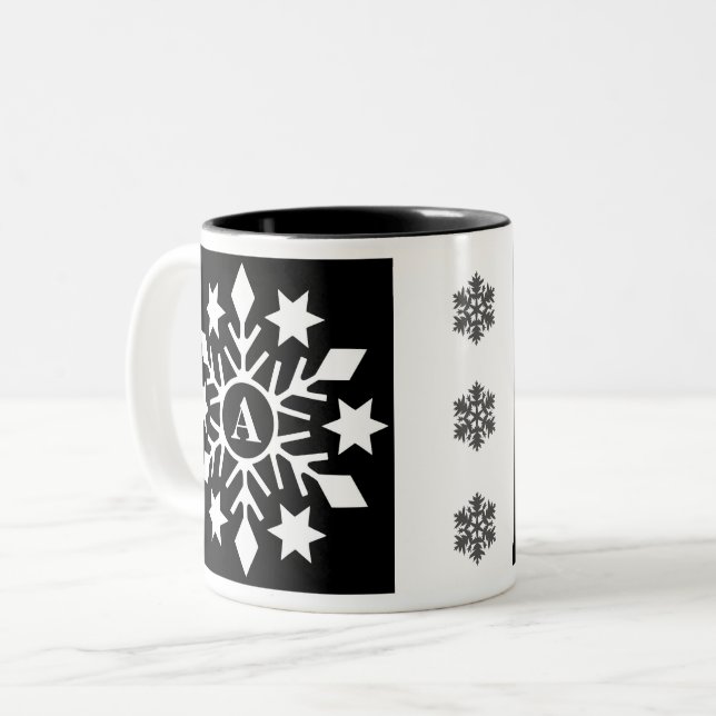 Initial Modern Black White Christmas Snowflakes Two-Tone Coffee Mug (Front Left)
