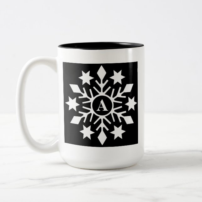Initial Modern Black White Christmas Snowflakes Two-Tone Coffee Mug (Left)