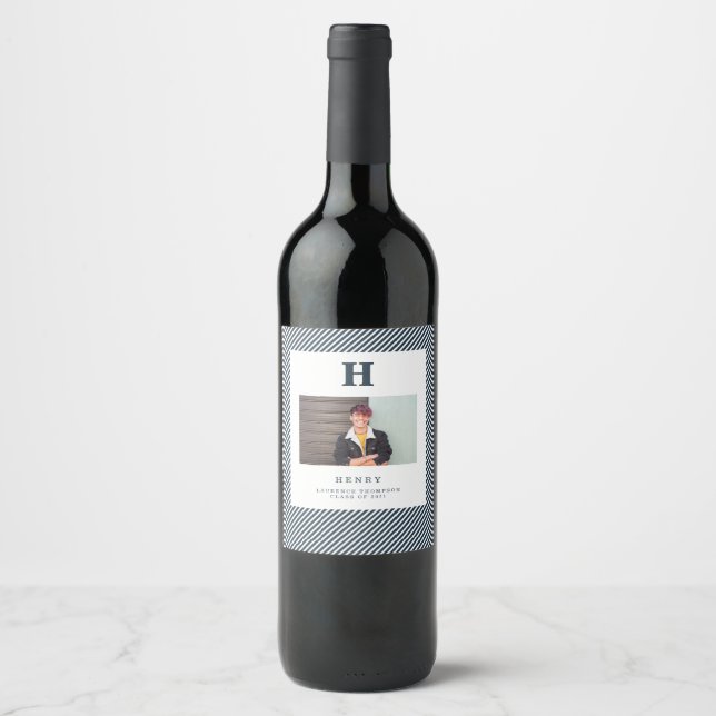initial modern monogram photo blue wine label (Front)