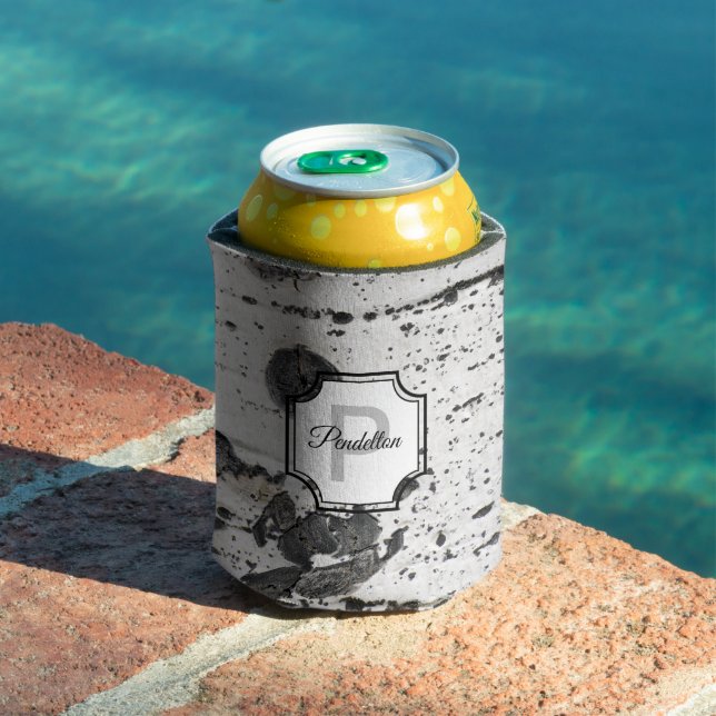 Initial Monogram | Black White Aspen Bark Photo Can Cooler (In Situ Pool)
