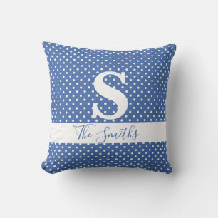 Initial Monogram Blue and White Dot Throw Pillow