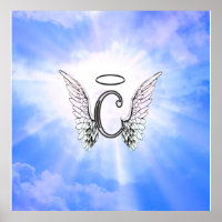 Initial Monogram C With Angel Wings, Halo Clouds