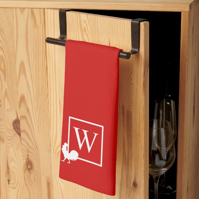 Initial Monogram Chicken Rooster Country Kitchen Tea Towel (Thirds Fold)