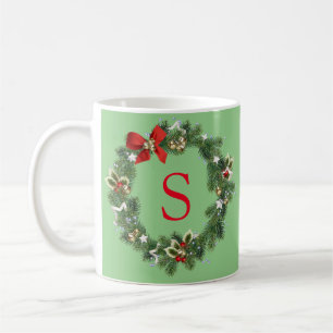 Initial Monogram Christmas Wreath   Coffee Mug