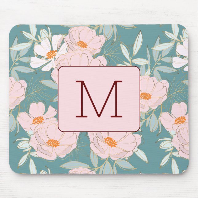 Initial monogram Elegant colourful floral Blue Pin Mouse Pad (Front)