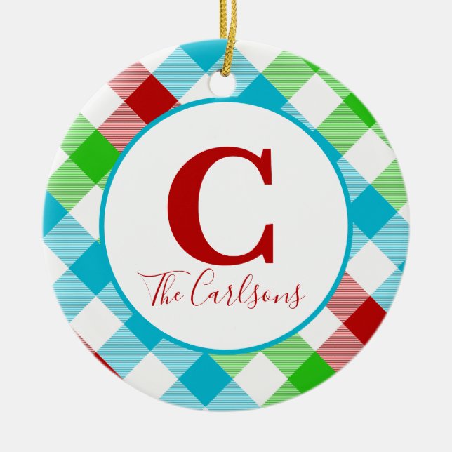 Initial Monogram Festive Plaid Photo Ceramic Ornament (Front)