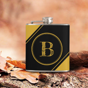 Initial Monogram Geometric Diagonal Black Gold Fla Hip Flask