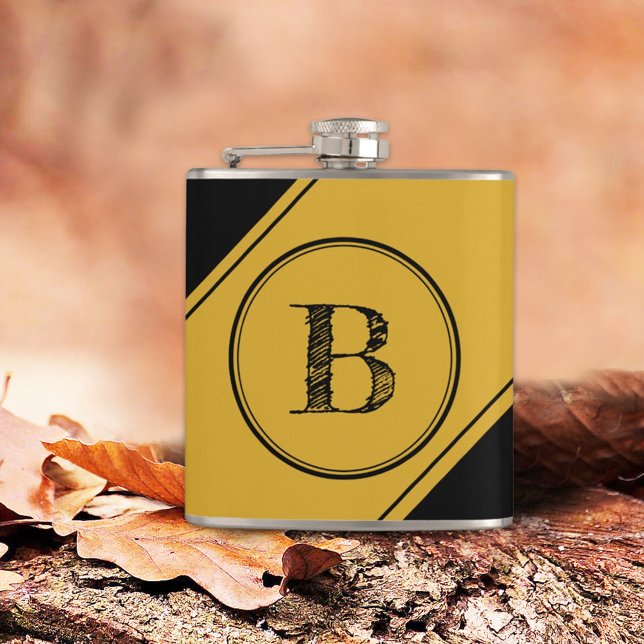 Initial Monogram Geometric Diagonal Black Gold Hip Flask (Creator Uploaded)