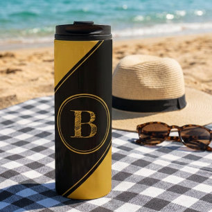Initial Monogram Geometric Diagonal Black Gold Thermal Tumbler