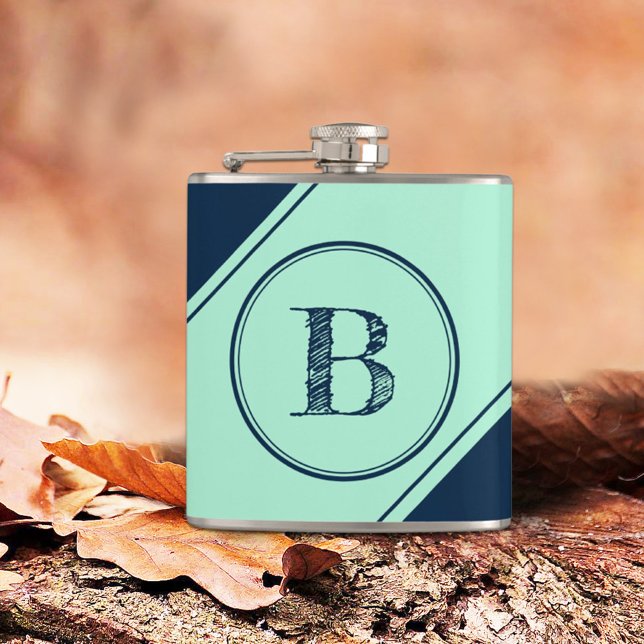Initial Monogram Geometric Diagonal Blue Mint Hip Flask (Creator Uploaded)