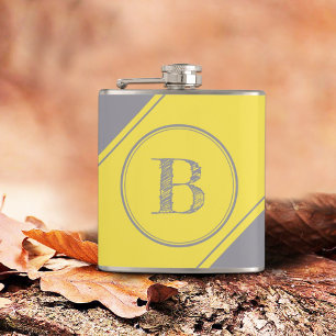 Initial Monogram Geometric Diagonal Yellow Grey Hip Flask