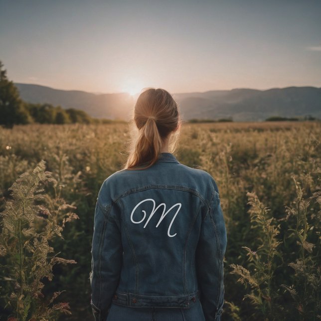 Initial Monogram in Script Font Denim Jacket (girl on an autumn field wearing a custom denim jacket with her name initial)