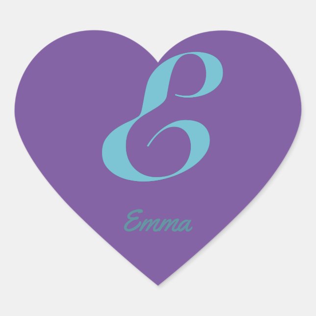 Initial Monogram Letter E Purple Blue cursive text Heart Sticker (Front)