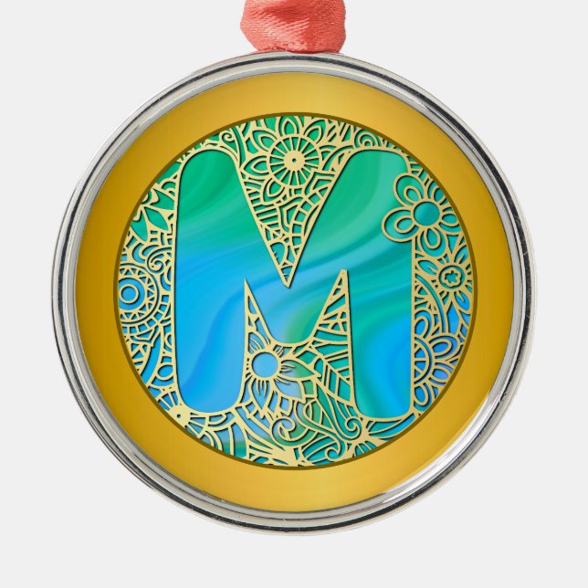  Initial Monogram M Christmas - Gold , Teal & Blue Metal Ornament (Front)